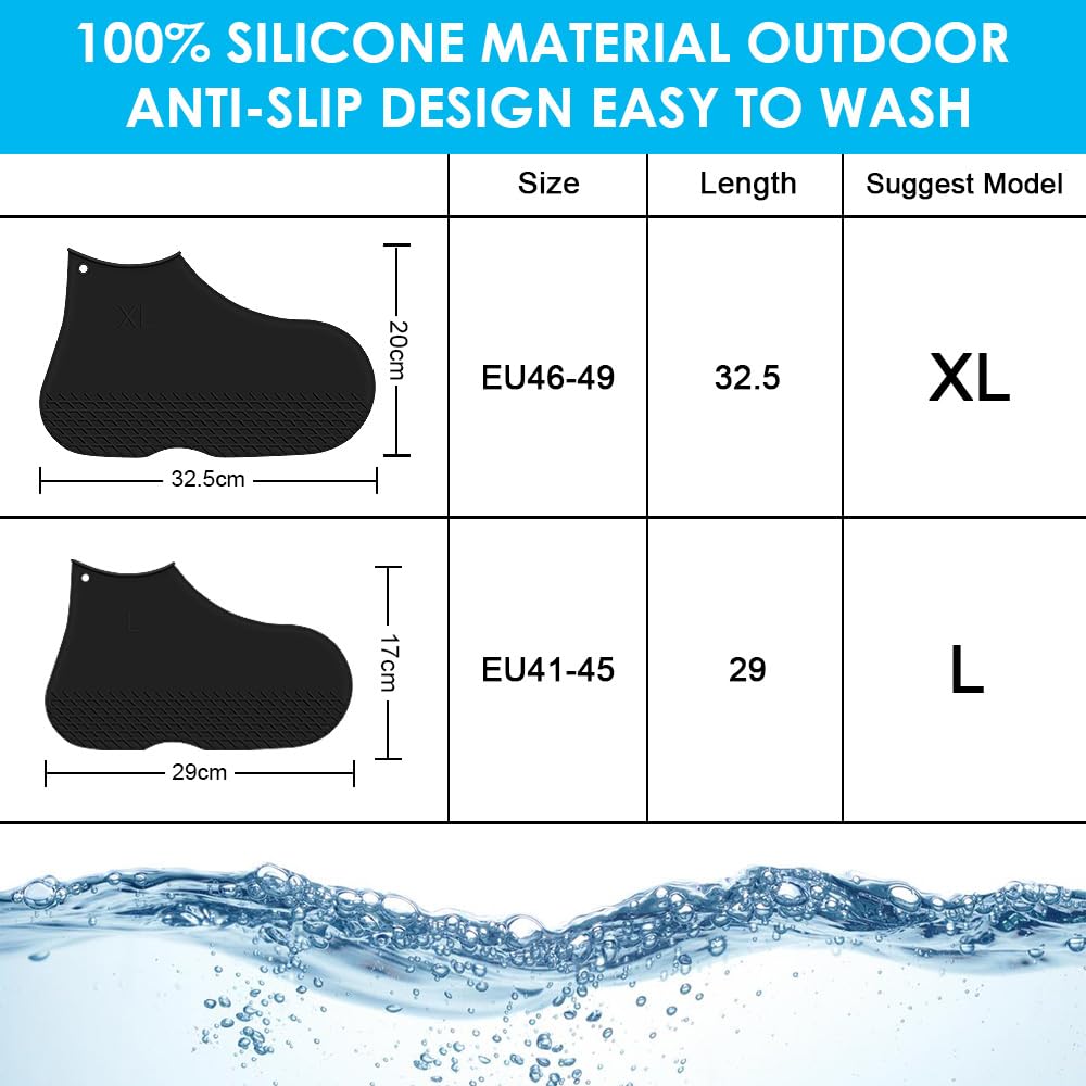 Silicone Shoe Cover Waterproof, Reusable Boot Shoes Covers with Zipper,Non Slip Rain Snow Bowling Travel Indoor Outdoor Overshoe Rubber Protectors for Men Women Kids Protection Galoshes-1 Pair-Black,L