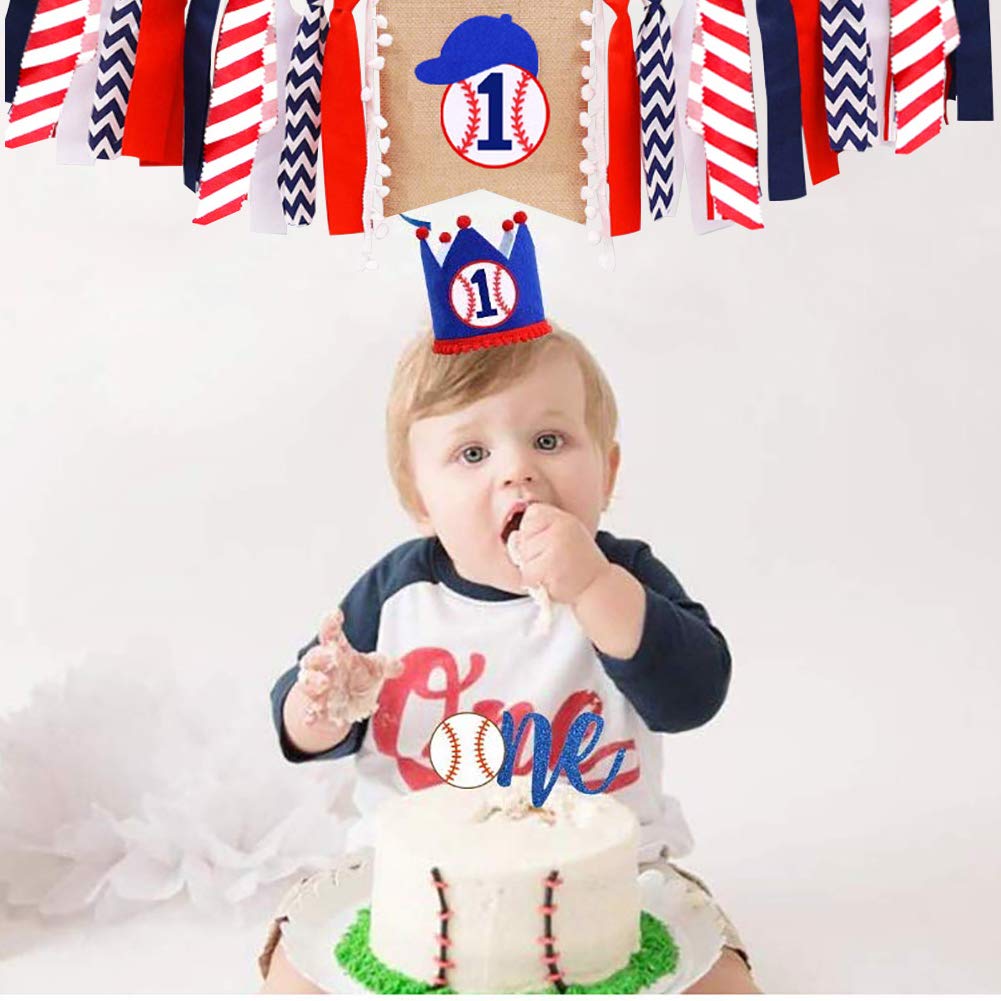 PRATYUS Baseball Party Decorations, First Birthday Party Supplies with Baseball Birthday Banner, Highchair Banner, Crown Hat, Cake Topper for Baby Kids Ball Party Event Favors