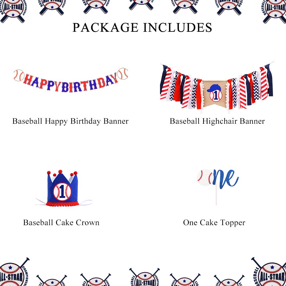 PRATYUS Baseball Party Decorations, First Birthday Party Supplies with Baseball Birthday Banner, Highchair Banner, Crown Hat, Cake Topper for Baby Kids Ball Party Event Favors