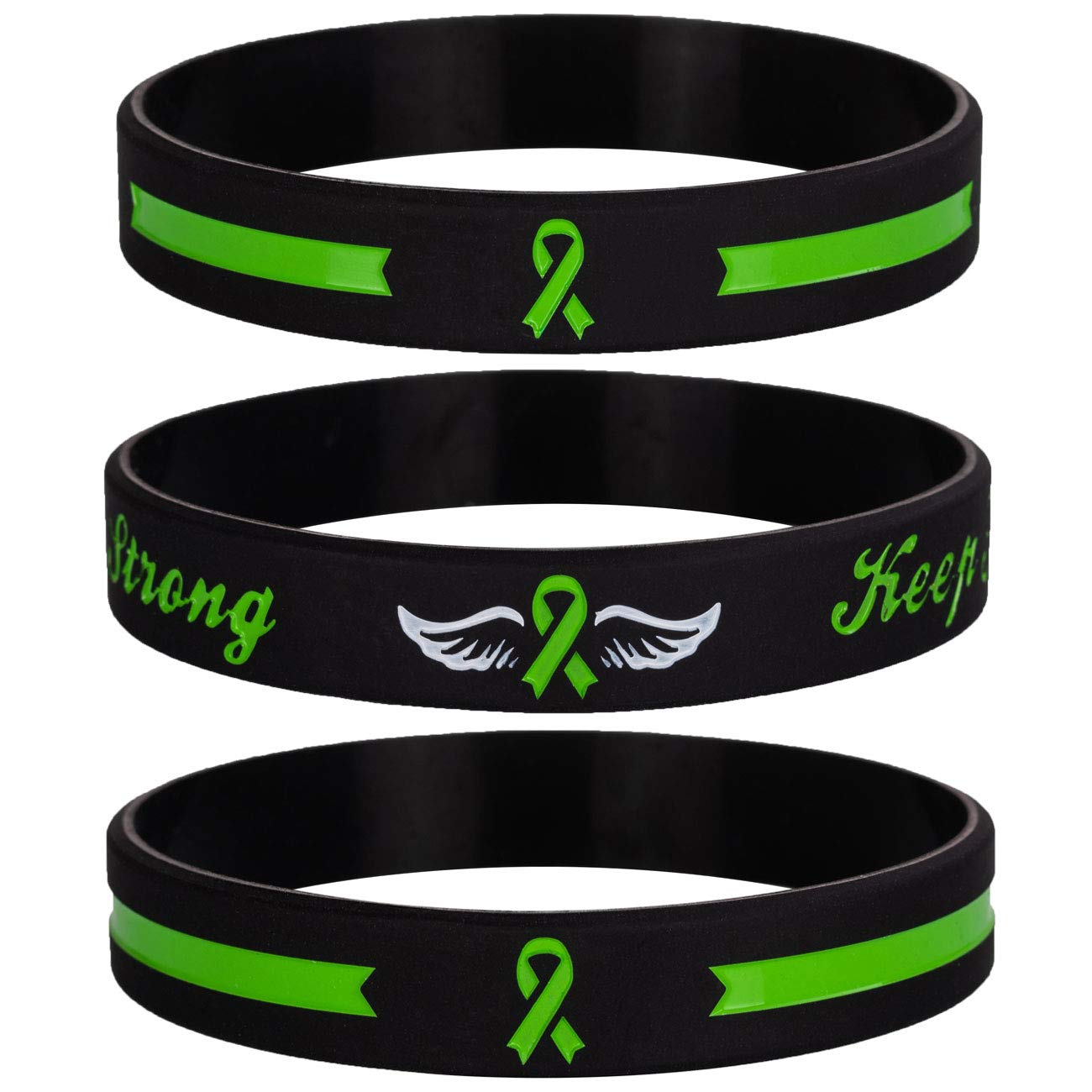 Sainstone Green Awareness Ribbon Silicone Bracelets with Saying - Mental Health Awareness Bracelet - Green Cancer & Cause Ribbon Wristbands Gifts for Men Women, Patients, Family Friends (3-Pack)