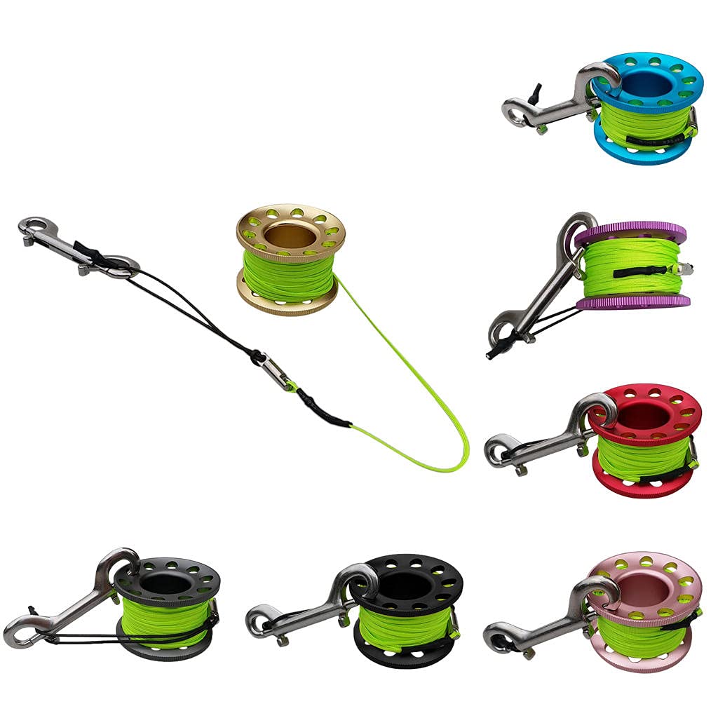 Menolana 49.21ft Scuba Diving Reel Scuba Diving Finger Spool - Aluminum Alloy Wreck Cave Dive Reel Line Holder for Outdoor Diving Activities Fluorescent - Attached 3.54 inch Snap