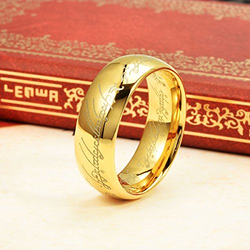 THREE KEYS JEWELRY 8mm Tungsten Wedding Ring 18K Gold Plated Band Script Laser for Men Women Size 10