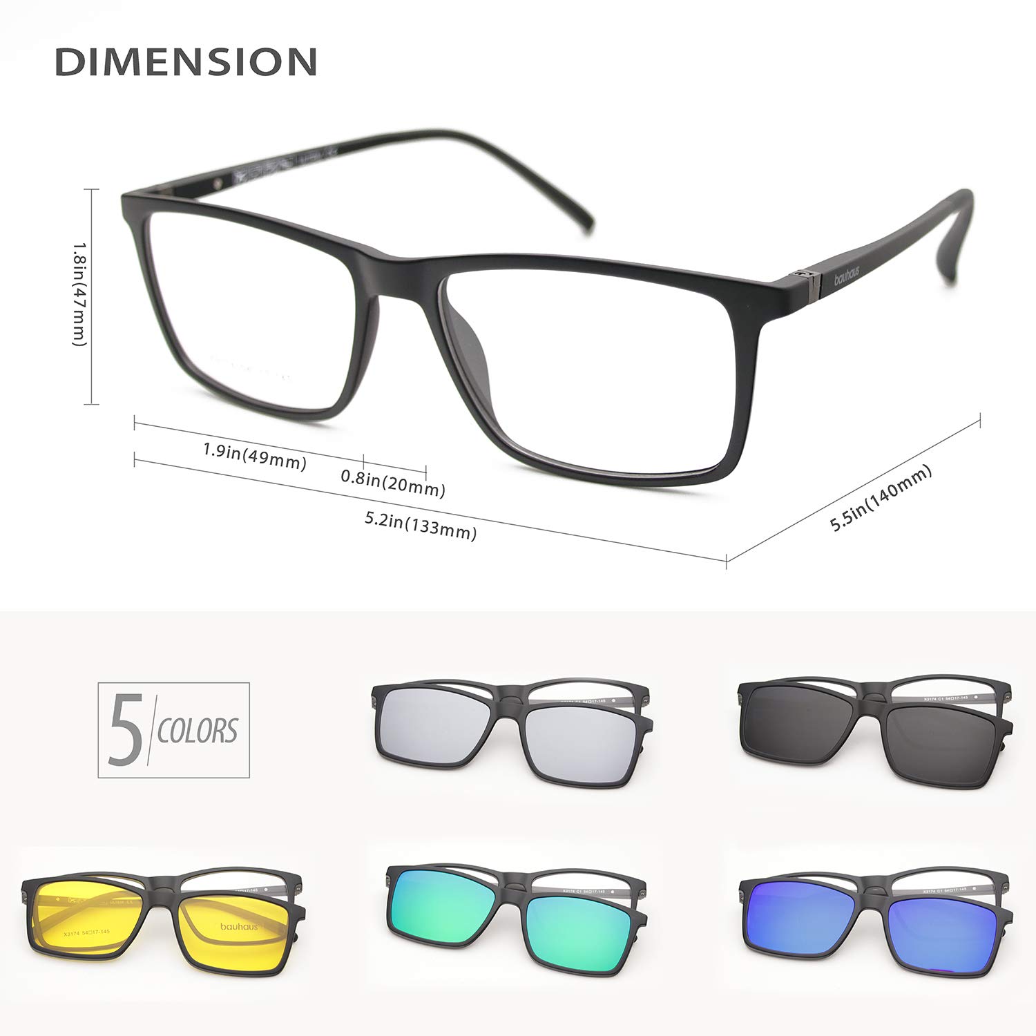 Bauhaus Magnetic Clip on Sunglasses for Men & Women Polarized UV Protection Retro Square Eyeglasses Fit Over Night Driving