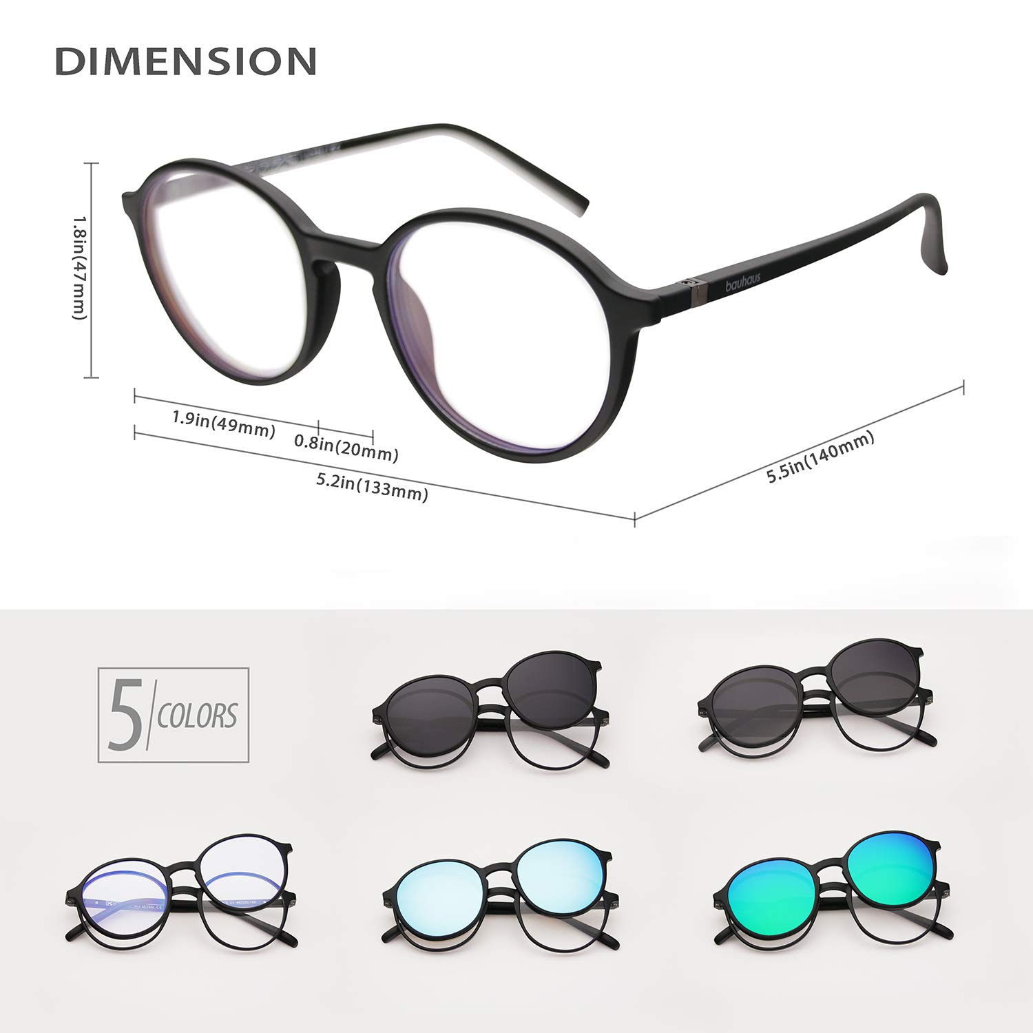 Bauhaus Magnetic Sunglasses Clip on for Men & Women UV400 Polarized Retro Round Anti-glare Clear Eyeglasses