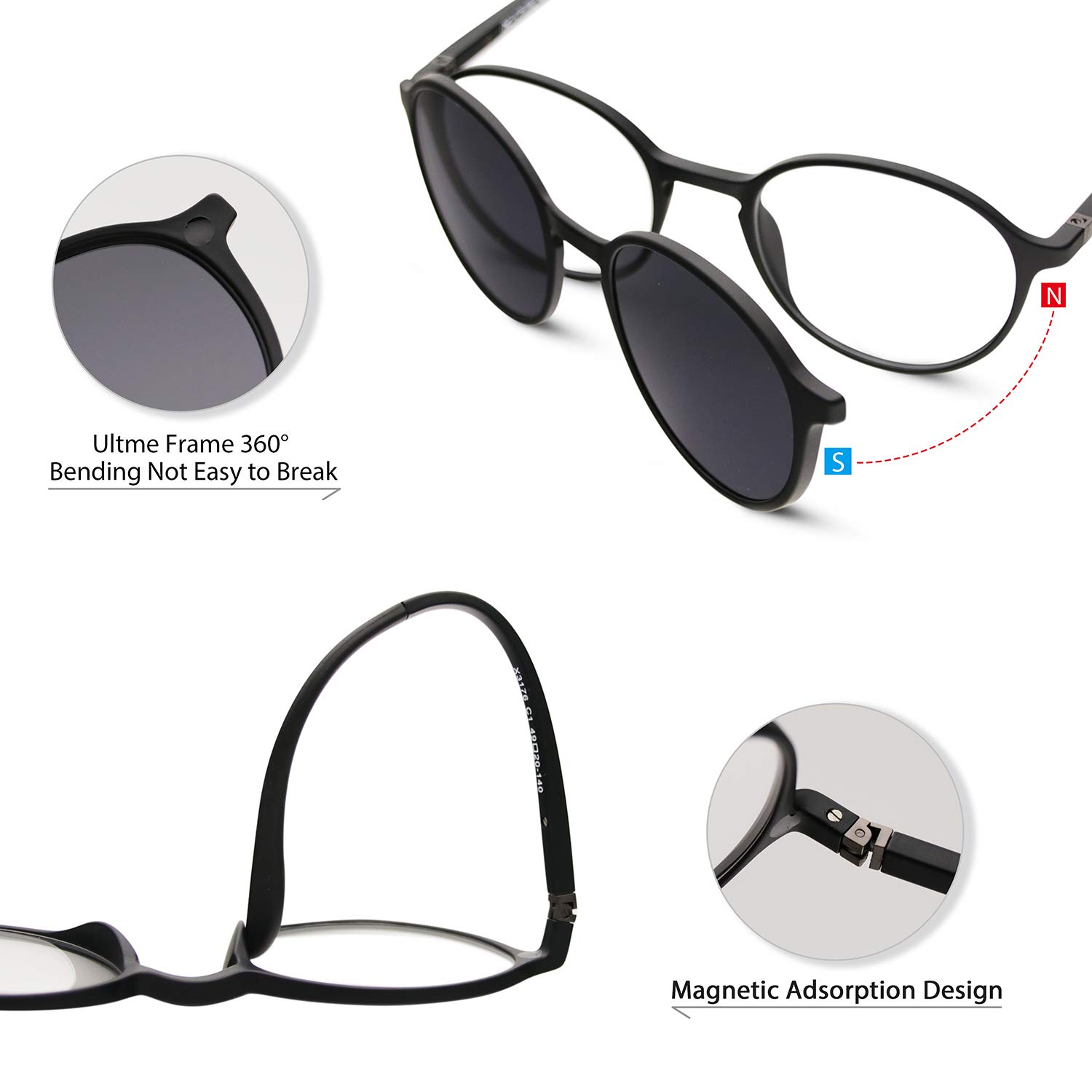 Bauhaus Magnetic Sunglasses Clip on for Men & Women UV400 Polarized Retro Round Anti-glare Clear Eyeglasses