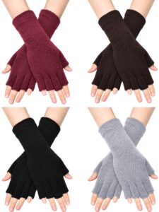 satinior fingerless gloves for women half finger typing gloves with long wrist cuff winter knit fingerless mittens for women (black, red, light grey, coffee, 4 pairs)