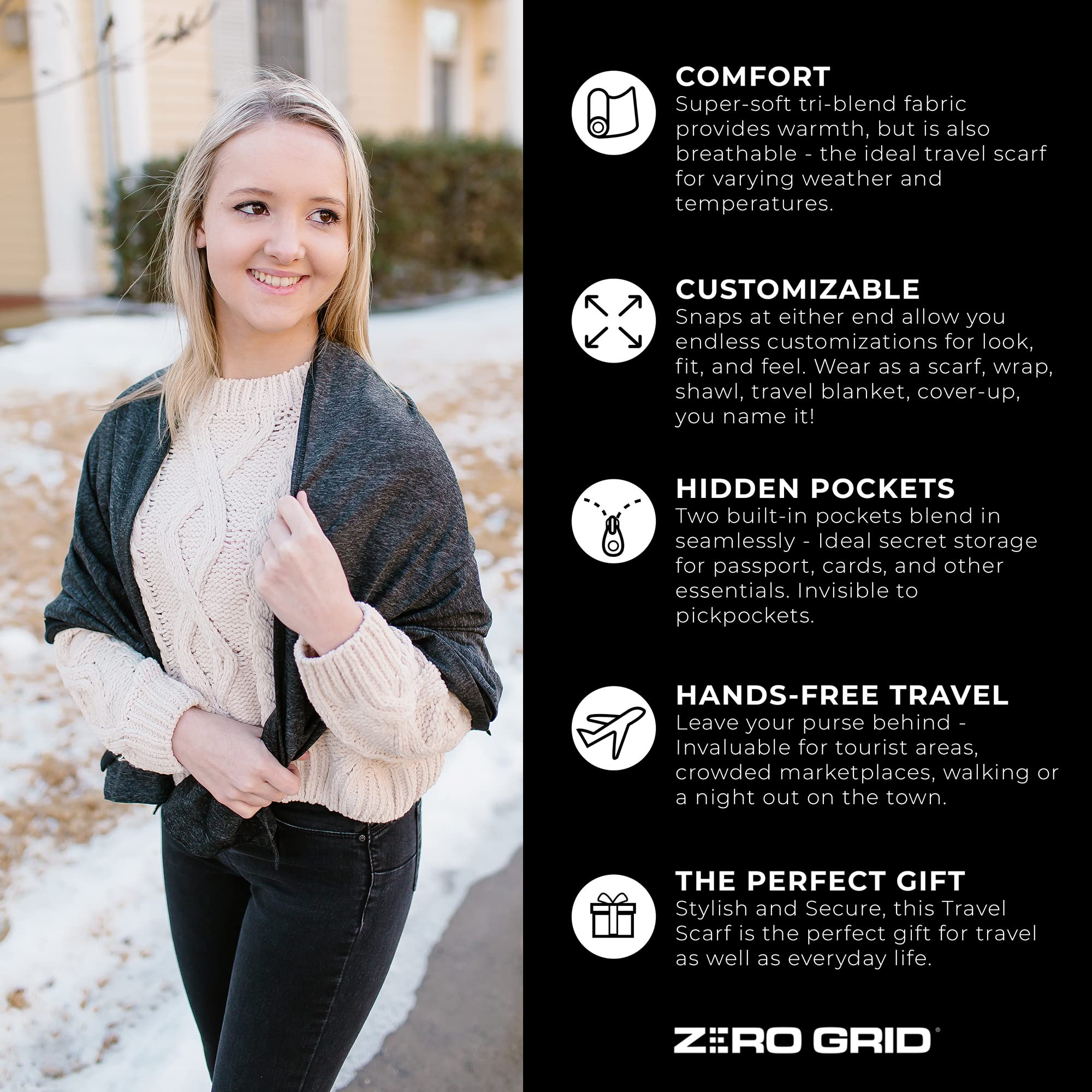 Zero Grid Infinity Fashion Scarf with Hidden Pockets Converts to Blanket and Wrap Perfect for Travel