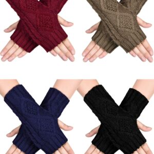 SATINIOR 4 Pairs Women Warm Knit Winter Fingerless Gloves Thumbhole Arm Warmers Mittens (Black, Navy Blue, Khaki, Wine Red)