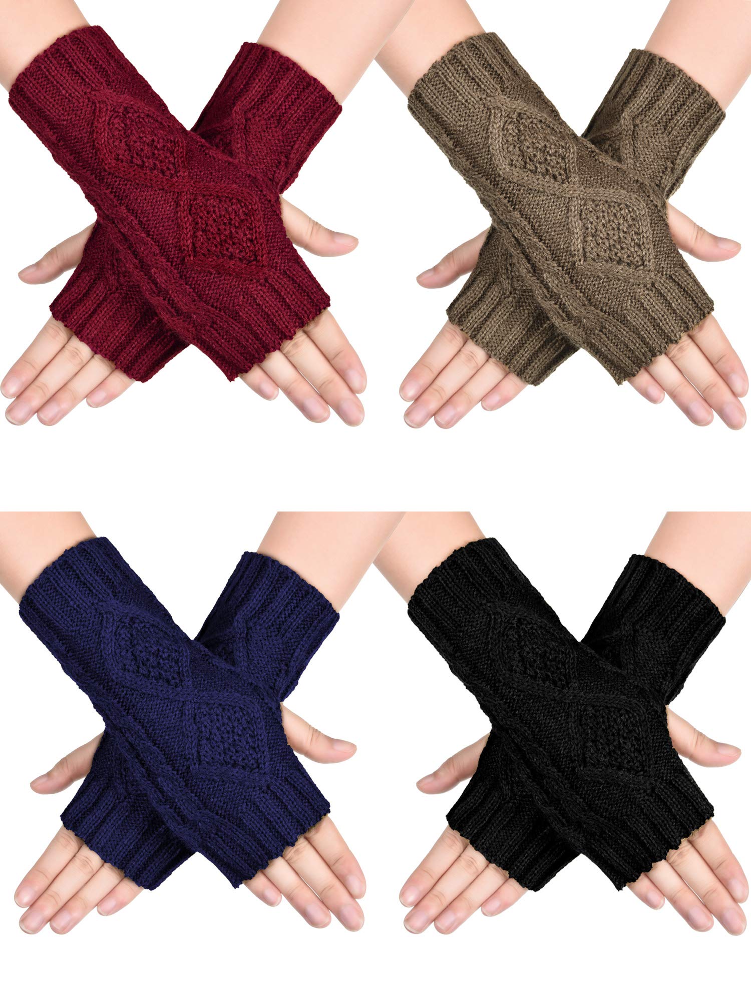 SATINIOR 4 Pairs Women Warm Knit Winter Fingerless Gloves Thumbhole Arm Warmers Mittens (Black, Navy Blue, Khaki, Wine Red)