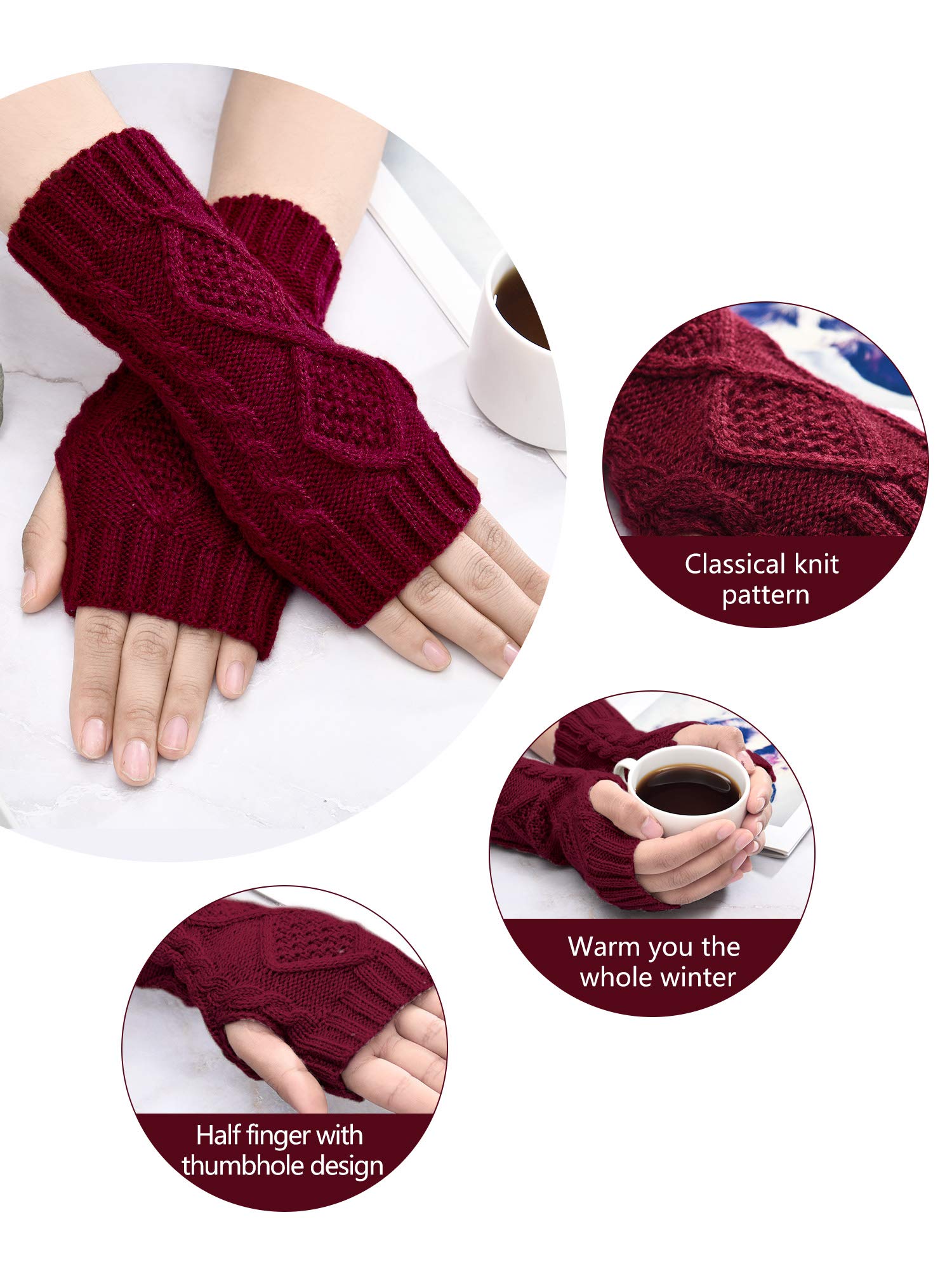 SATINIOR 4 Pairs Women Warm Knit Winter Fingerless Gloves Thumbhole Arm Warmers Mittens (Black, Navy Blue, Khaki, Wine Red)