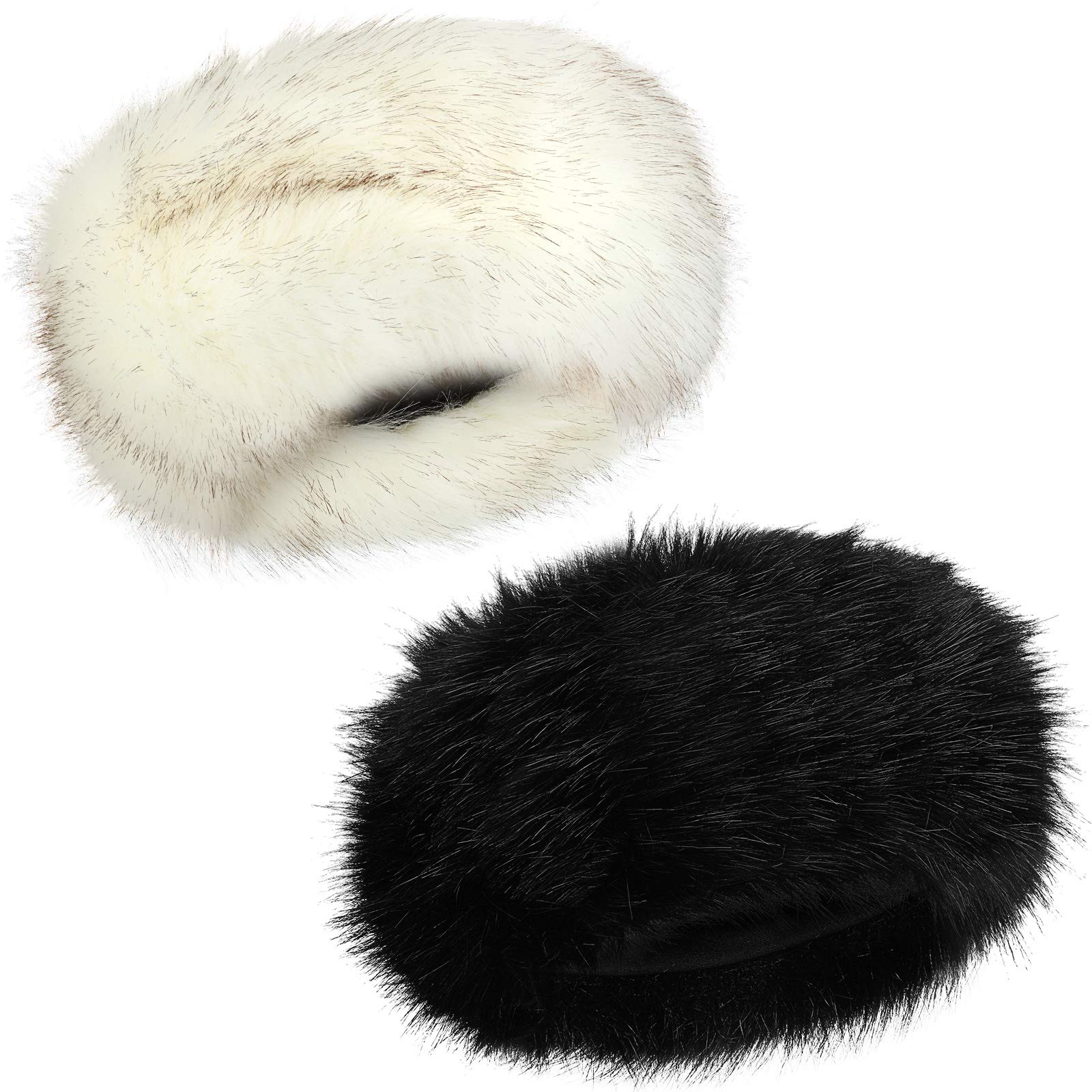 SATINIOR 2 Pieces Women Faux Fur Headband with Elastic Winter Earwarmer Earmuff Ski Hat Black, White