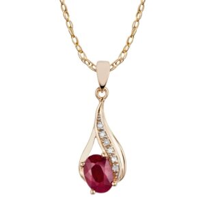 10k Yellow Gold Genuine Oval Ruby and Diamond Drop Pendant Necklace