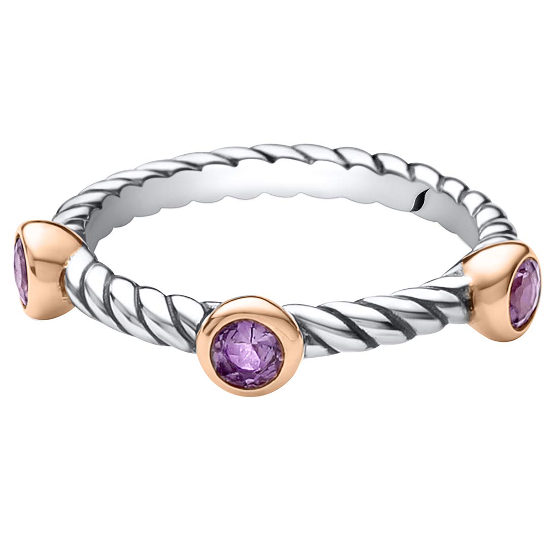 PEORA Amethyst 3-Stone Stackable Ring in Sterling Silver, Cable Rope Band for Women 2.1mm Sizes 8