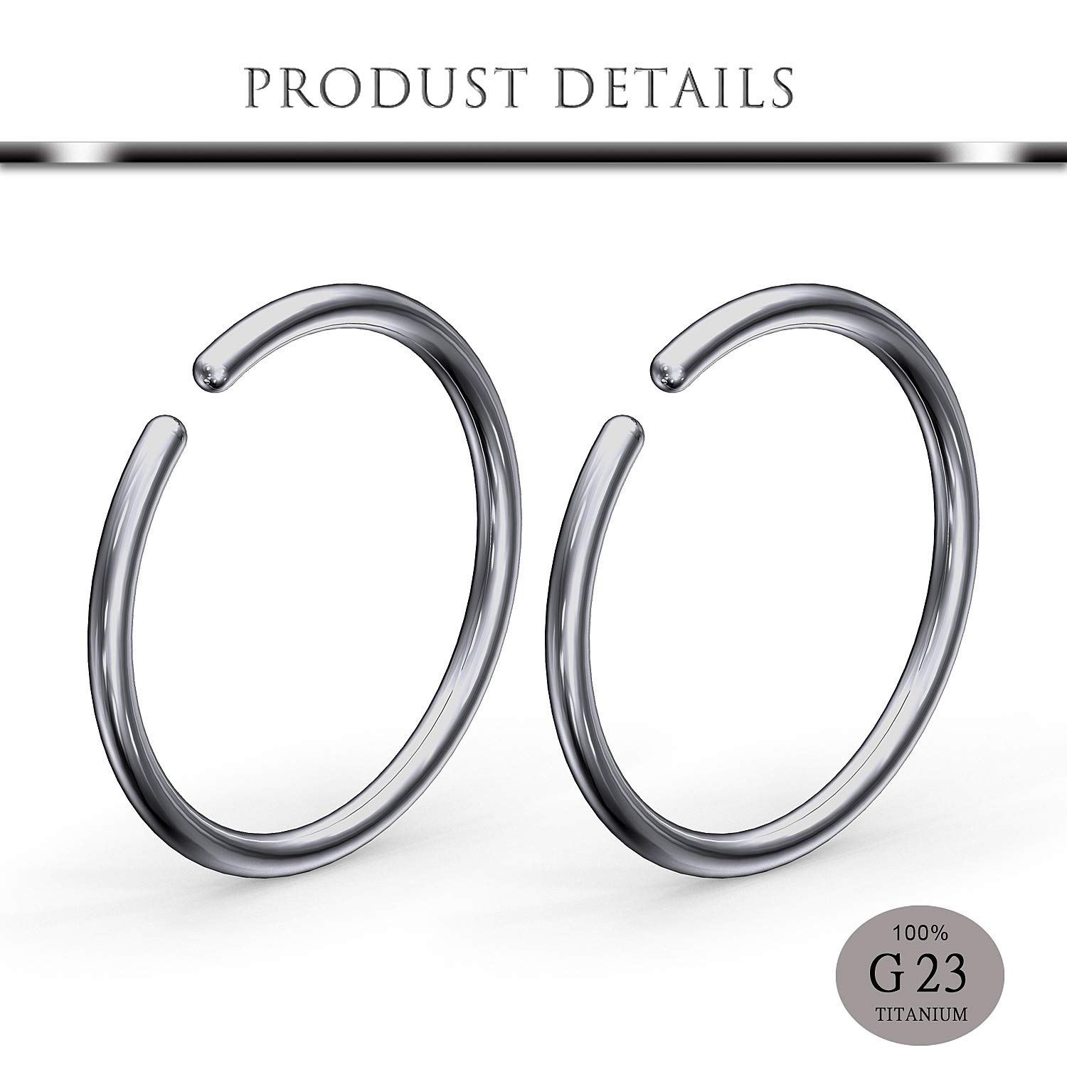 Hoeudjo 20G Titanium Nose Ring Hoop Cartilage Tragus Conch Helix Eearring Hoop Septum Piercing Jewelry for Women Men 6mm 8mm 10mm 3/8 inch