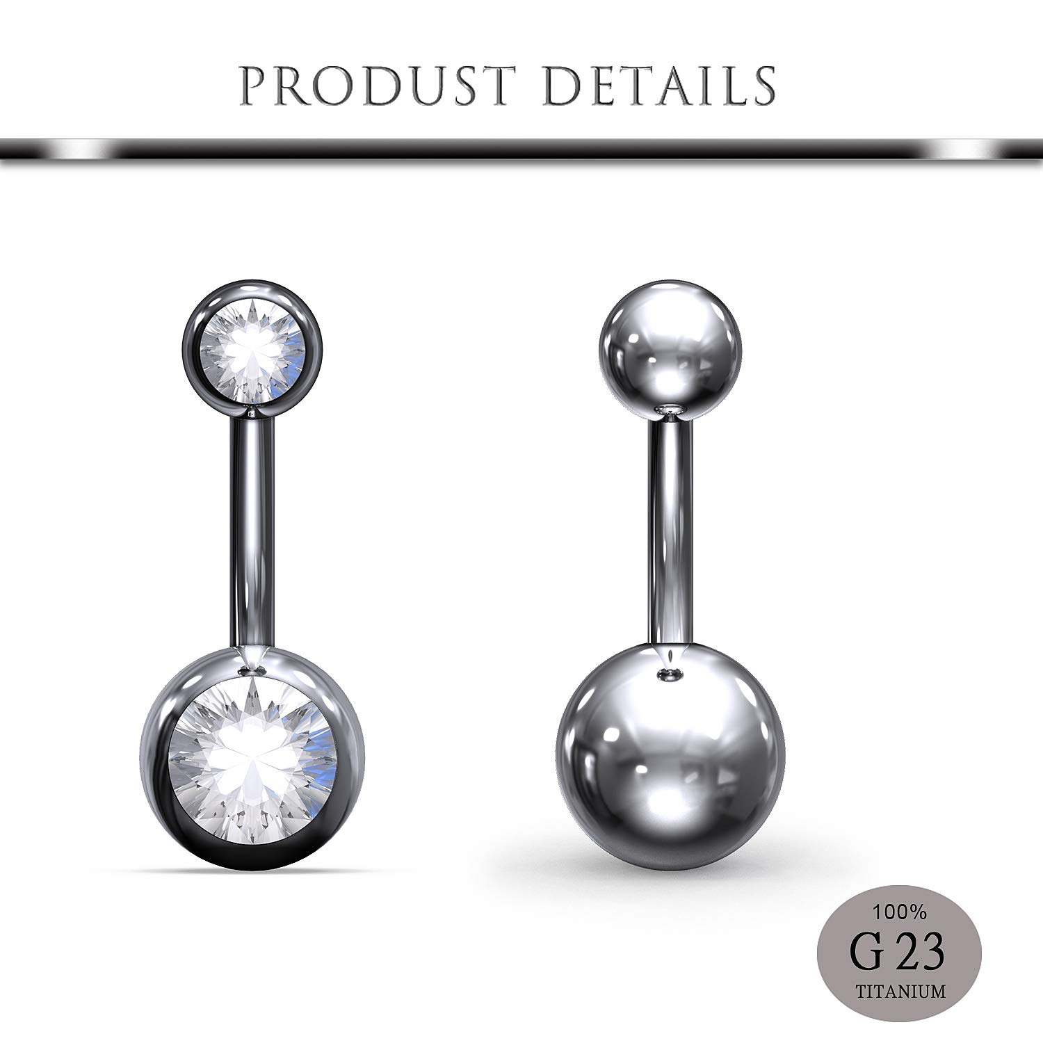 Hoeudjo 14G Solid G23 Implant Grade 23 Titanium Externally Threaded Belly Button Ring Navel Piercing Jewelry for Women 10mm 3/8 inch