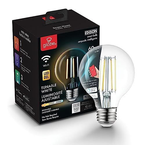 Globe Electric 34920 Wi-Fi Smart 5.5W (60W Equivalent) Straight Filament Tunable White Clear LED Light Bulb, No Hub Required, Voice Activated, 2000K - 5000K, Vintage Edison Style, G25 Shape, E26 Base