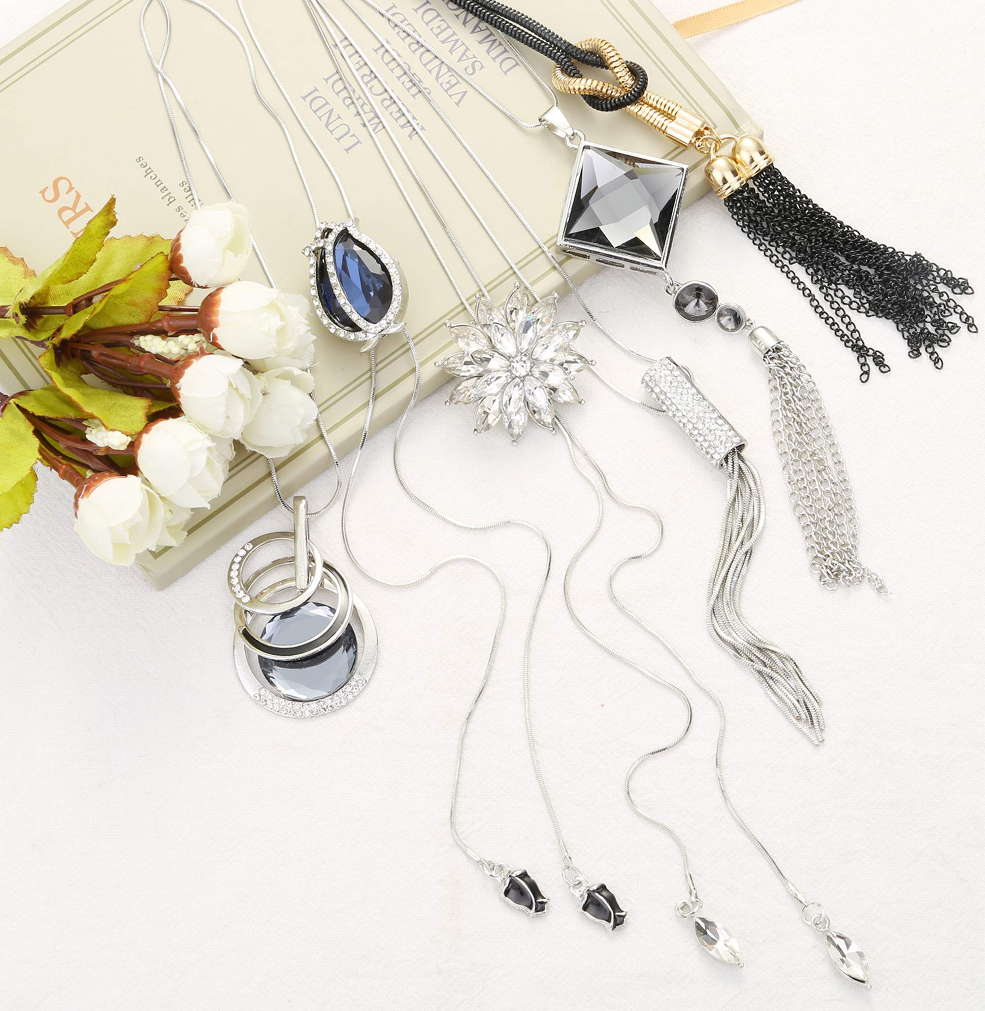 Jstyle 6Pcs Women Long Sweater Necklace Silver Plated Rhinestone Flower Tassel Pendant Neckace Jewelry Women Gifts