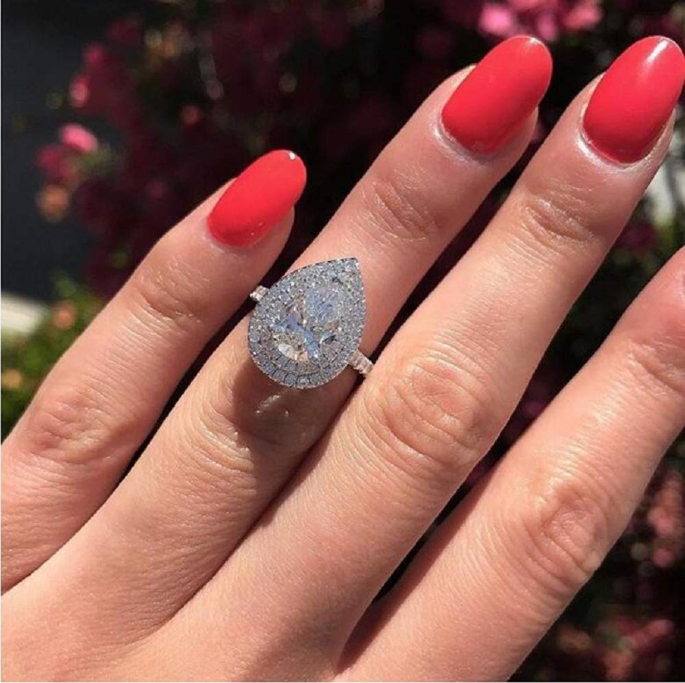 Xunuo Platinum Plated CZ Pear Shaped Cubic Zirconia Crystal Halo Wedding Teardrop Shaped Ring for Women Sizes 6 to 10 (US Size 7)