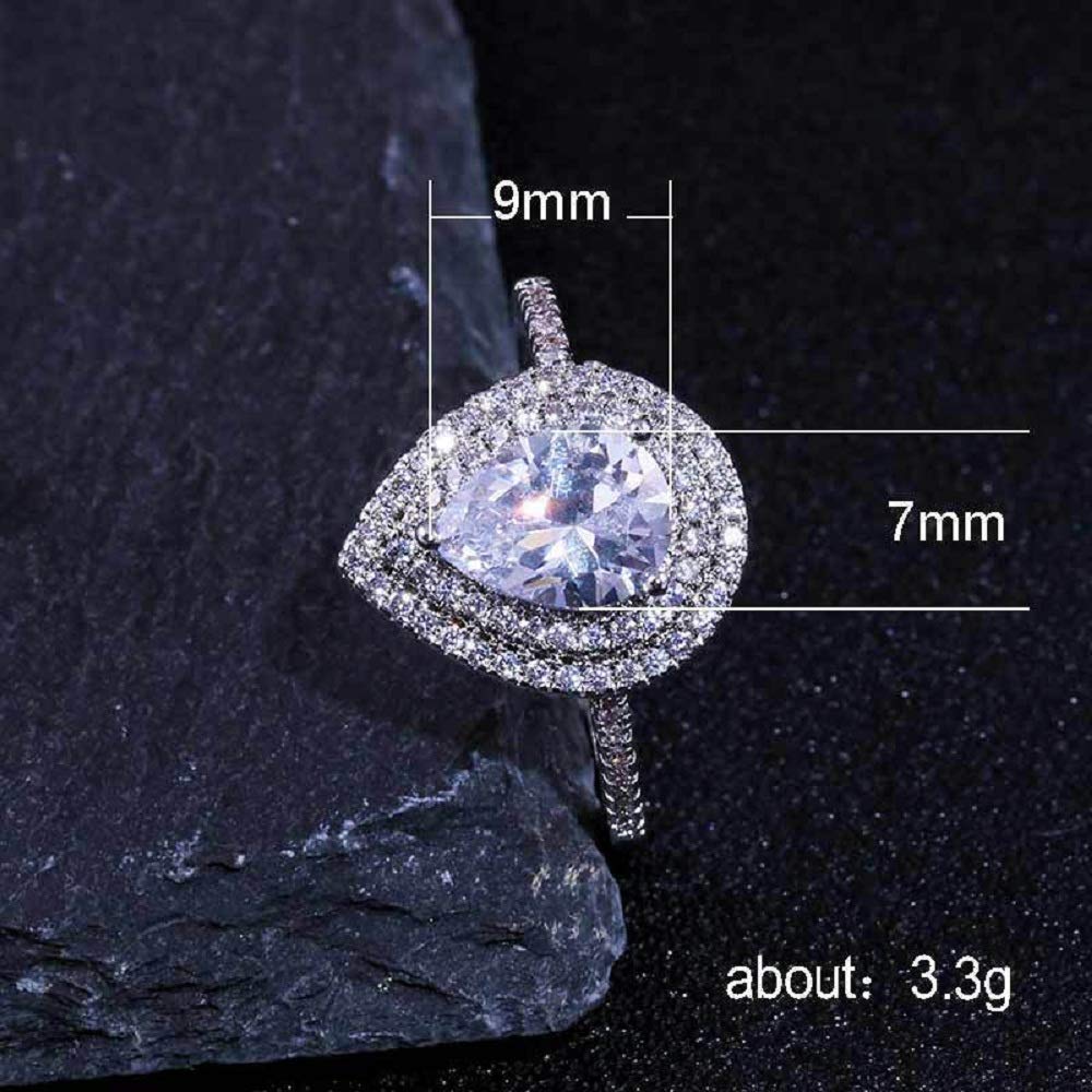 Xunuo Platinum Plated CZ Pear Shaped Cubic Zirconia Crystal Halo Wedding Teardrop Shaped Ring for Women Sizes 6 to 10 (US Size 7)