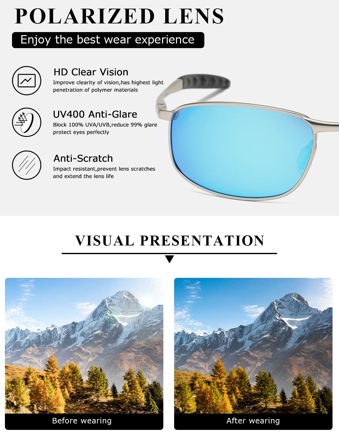 AEVOGUE Polarized Sunglasses For Men Rectangle Metal Frame Retro Sun Glasses AE0395 (2 Pack/Silver Frame Grey Lens+Silver Frame Blue Lens, 59)