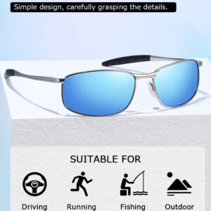 AEVOGUE Polarized Sunglasses For Men Rectangle Metal Frame Retro Sun Glasses AE0395 (2 Pack/Silver Frame Grey Lens+Silver Frame Blue Lens, 59)