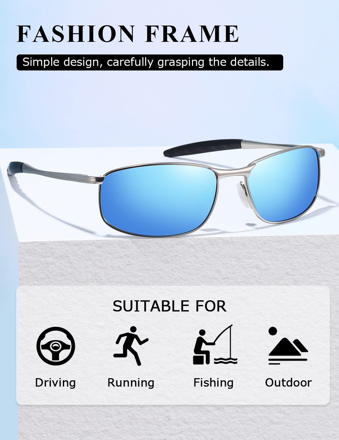 AEVOGUE Polarized Sunglasses For Men Rectangle Metal Frame Retro Sun Glasses AE0395 (2 Pack/Silver Frame Grey Lens+Silver Frame Blue Lens, 59)