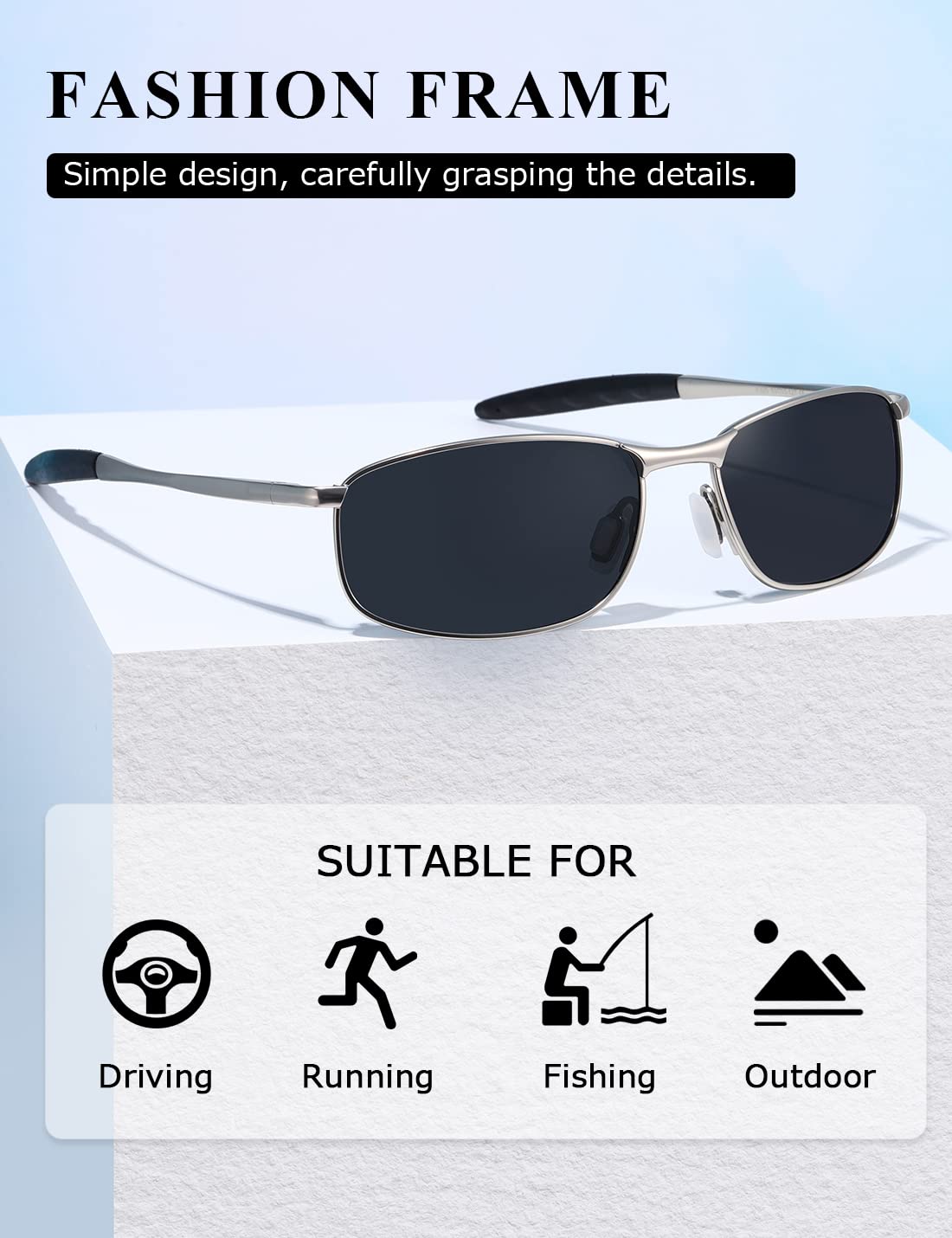 AEVOGUE Polarized Sunglasses For Men Rectangle Metal Frame Retro Sun Glasses AE0395 (2 Pack/Silver Frame Grey Lens+Silver Frame Blue Lens, 59)