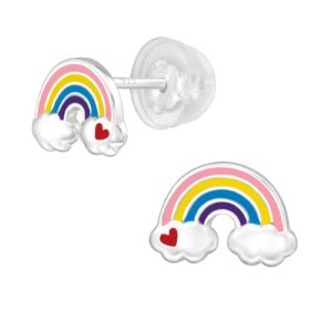 AUBE JEWELRY Hypoallergenic 925 Sterling Silver Colorful Rainbow Stud Earrings with Silicone Coated Push Backs for Girls and women