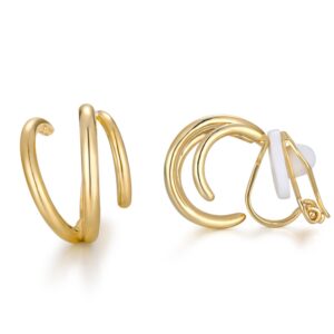 haiswet twisted art deco hoop small stud clip on earrings for women teens gold tone