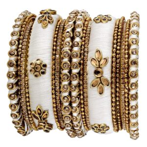 Aheli Royal Design Silk Thread Bangle Set Saree Matching Chuda Indian Traditional Wedding Fashion Jewelry for Women (Silk White-Faux Stone, 2.6)