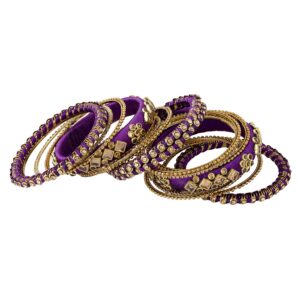 Aheli Ethnic Handmade Silk Thread Faux Stone Studded Bangle Set Chudha Indian Traditional Wedding Wear Fashion Jewelry for Women (Purple)