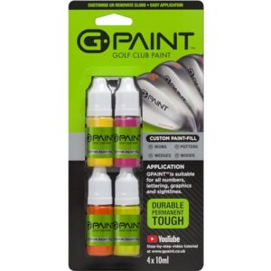 g-paint golf club paint - touch up, fill in, customize or renovate your clubs - 4 pack of 10ml bottles. yellow, pink, orange & green