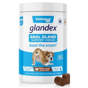 glandex anal gland soft chew treats with pumpkin for dogs digestive enzymes, probiotics fiber supplement for dogs boot the scoot (pork liver chews, 120ct)