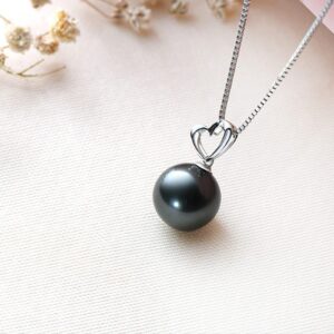 DENGGUANG 18K Gold Natural Black Pearl Necklace 10-11mm Genuine Tahitian Cultured Round Pearls Heart Shape Pendant with 18" Silver Chain - White Gold