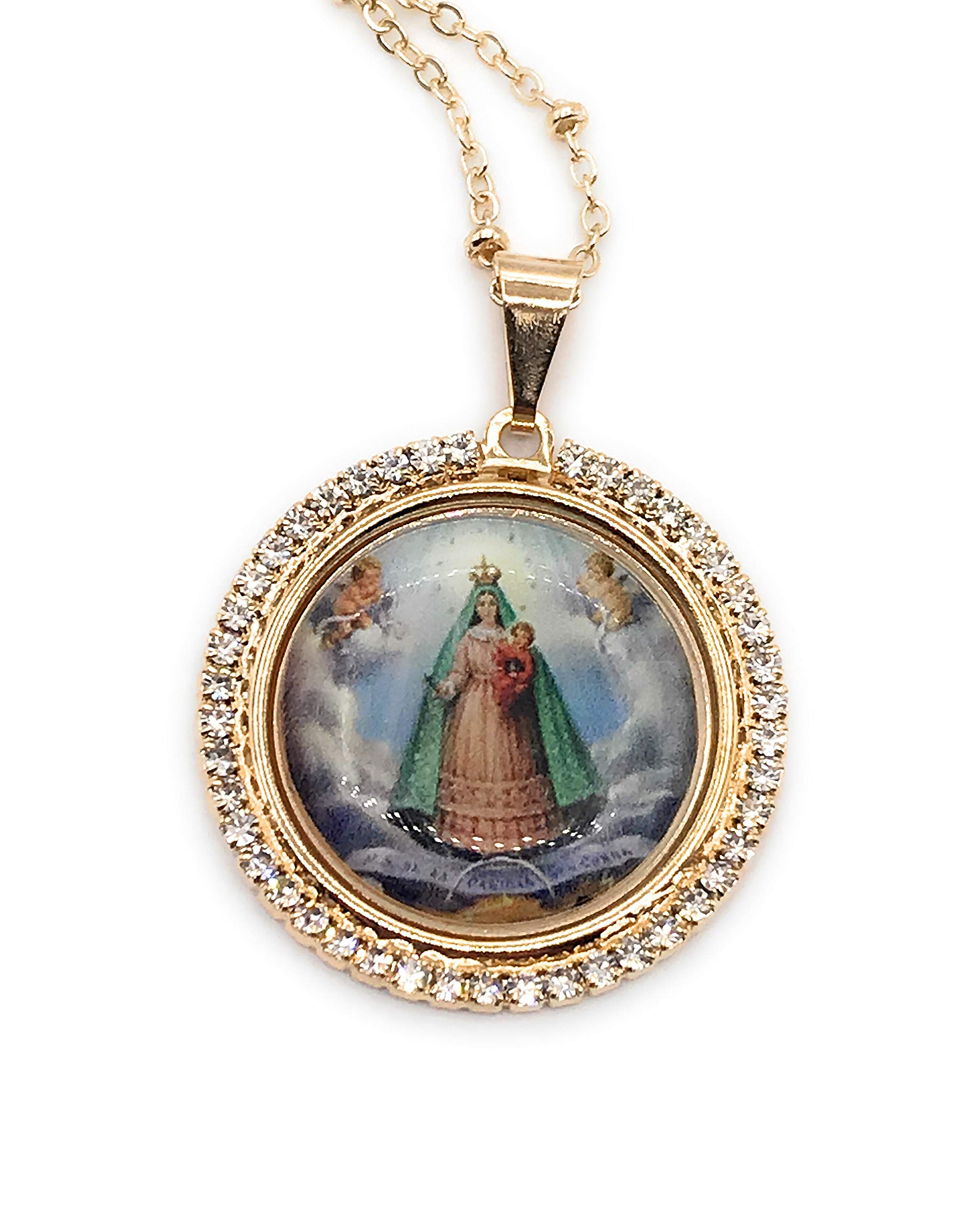 LESLIE BOULES Virgin Caridad del Cobre Pendant Necklace 18K Gold Plated Chain Religious Jewelry