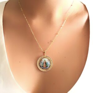 LESLIE BOULES Virgin Caridad del Cobre Pendant Necklace 18K Gold Plated Chain Religious Jewelry