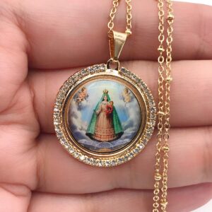 LESLIE BOULES Virgin Caridad del Cobre Pendant Necklace 18K Gold Plated Chain Religious Jewelry