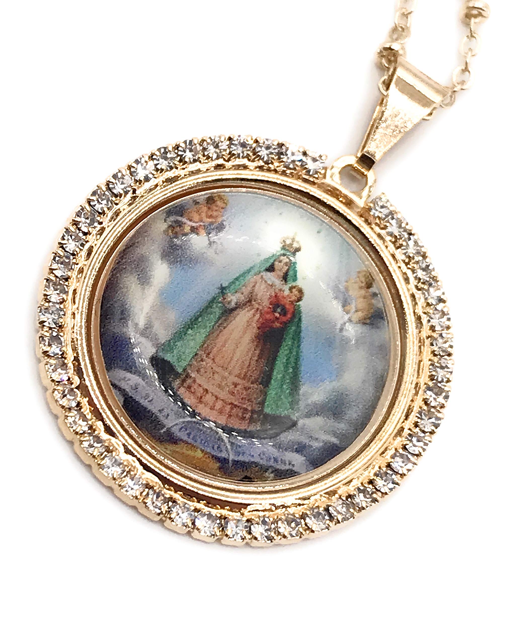 LESLIE BOULES Virgin Caridad del Cobre Pendant Necklace 18K Gold Plated Chain Religious Jewelry