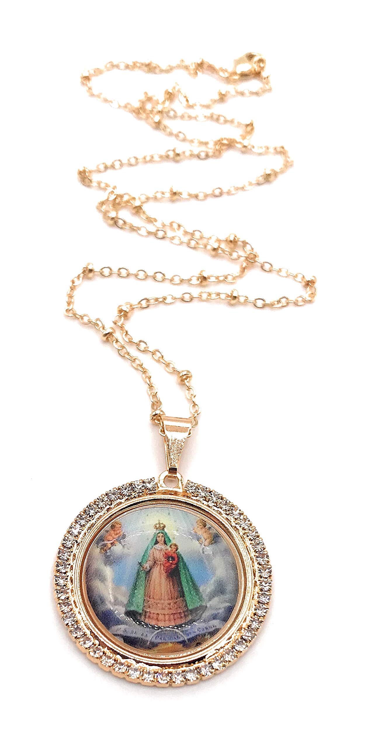 LESLIE BOULES Virgin Caridad del Cobre Pendant Necklace 18K Gold Plated Chain Religious Jewelry