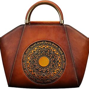 Genuine Leather Handbags for Women, Organizer Top Handle Satchel Vintage Embossing Totem Shoulder Bag Medium