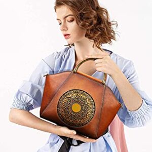 Genuine Leather Handbags for Women, Organizer Top Handle Satchel Vintage Embossing Totem Shoulder Bag Medium