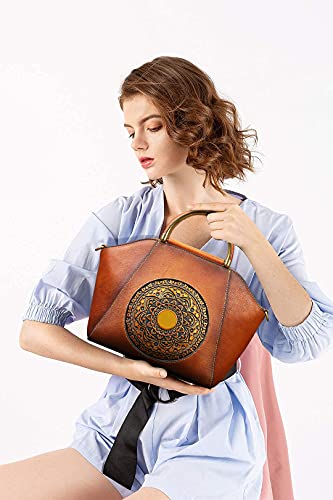 Genuine Leather Handbags for Women, Organizer Top Handle Satchel Vintage Embossing Totem Shoulder Bag Medium