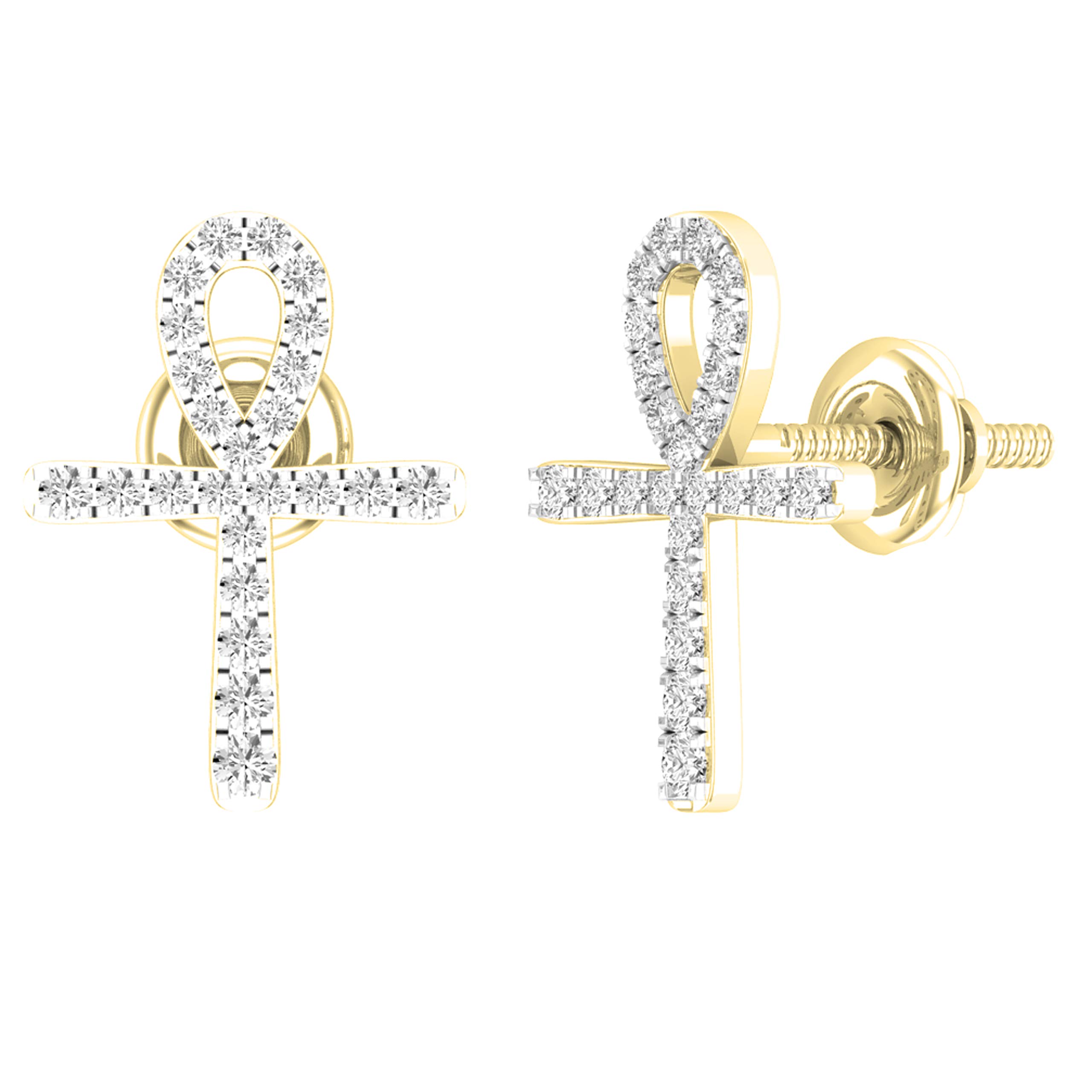 Dazzlingrock Collection - 0.25 Carat (ctw) Round White Diamond Ladies Ankh Cross Stud Earrings 1/4 CT, 10K Yellow Gold