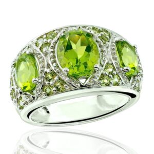 RB Gems 925 Sterling Silver Ring Genuine Gems 3-Stone-Style, Oval 9x7 mm and 7x5 mm, 5 Carats with Rhodium-Plated Finish (Peridot, 7)