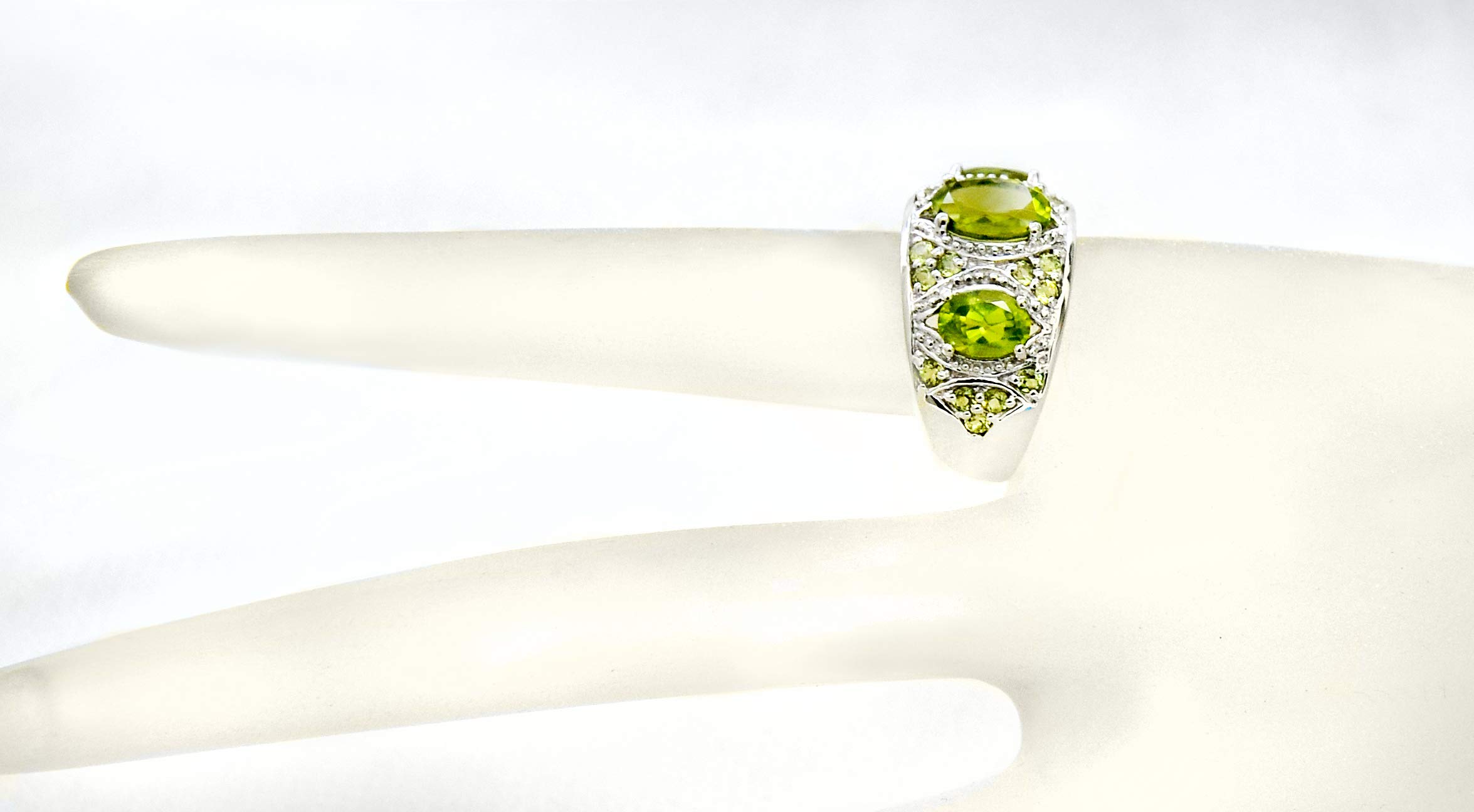 RB Gems 925 Sterling Silver Ring Genuine Gems 3-Stone-Style, Oval 9x7 mm and 7x5 mm, 5 Carats with Rhodium-Plated Finish (Peridot, 7)