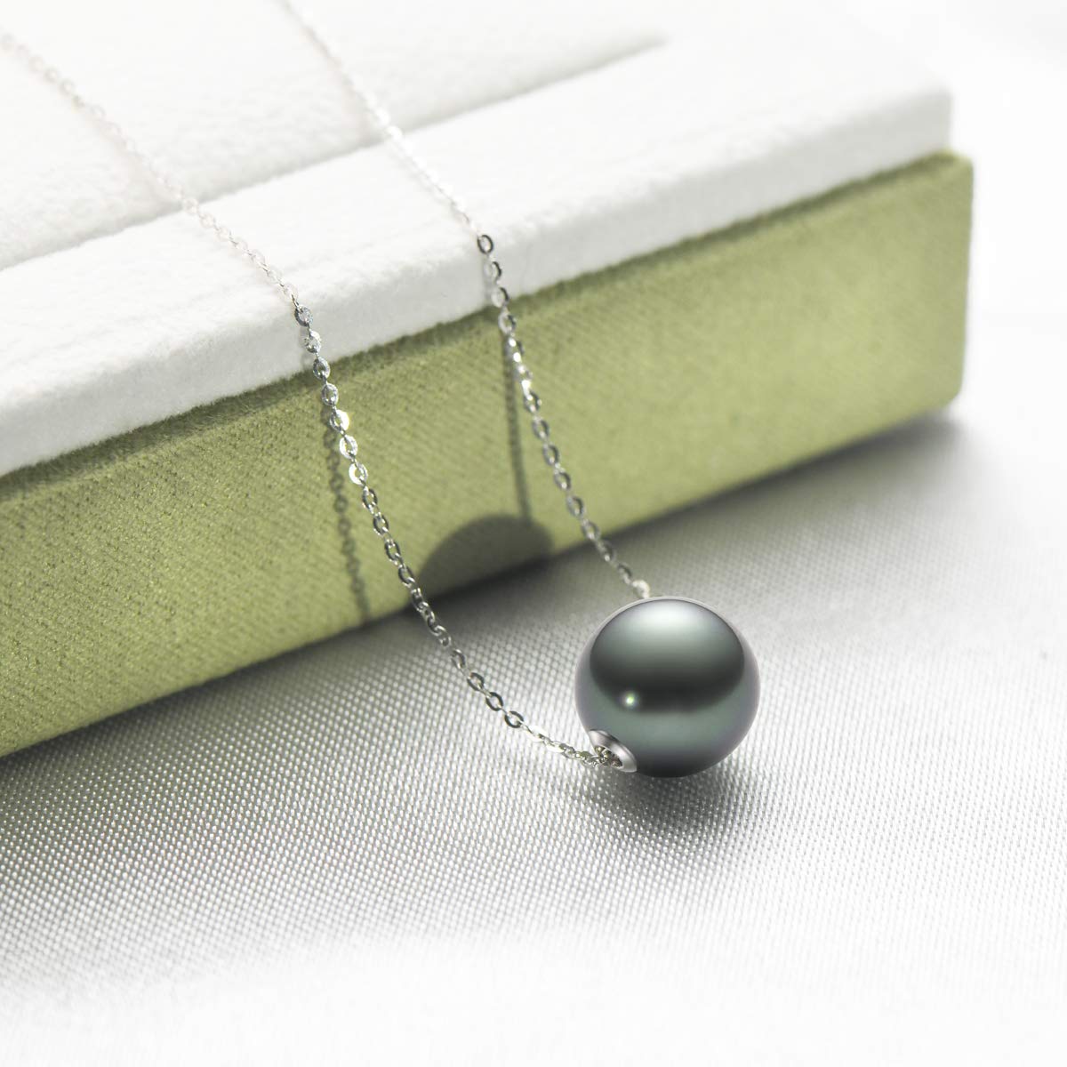 DENGGUANG Black Pearl Necklace for Women, 10-11mm Tahitian Saltwater Cultured Round Pearl Pendant with 18" Sterling Silver Chain, Christmas Jewelry Gifts for Wife Mom - White Gold