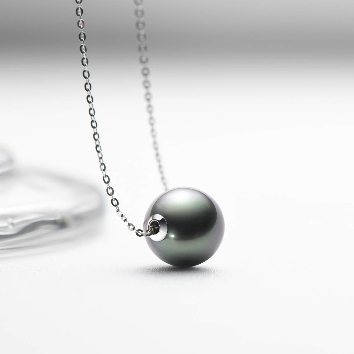 DENGGUANG Black Pearl Necklace for Women, 10-11mm Tahitian Saltwater Cultured Round Pearl Pendant with 18" Sterling Silver Chain, Christmas Jewelry Gifts for Wife Mom - White Gold