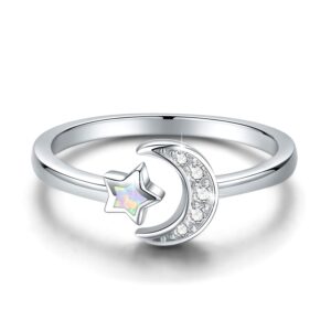 cuoka miracle moon ring, s925 sterling silver crescent moon and star ring synthetic opal open ring adjustable ring gift for women