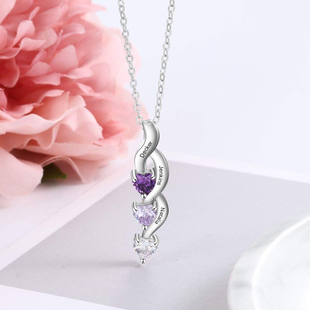 Tian Zhi Jiao Personalized 3 Names Simulated Birthstone Necklace for Mothers Custom Heart Drop Pendant Engraved Name Necklace for Women (Silver)