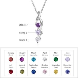 Tian Zhi Jiao Personalized 3 Names Simulated Birthstone Necklace for Mothers Custom Heart Drop Pendant Engraved Name Necklace for Women (Silver)